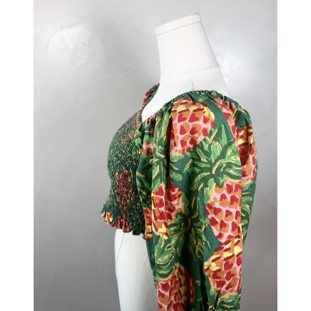 Farm Rio Tropical Smocked Balloon Sleeve Crop Top Green and Floral Sz‎ M NWT!